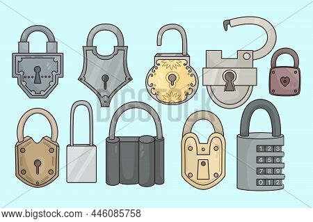 Set Of Locks For Security And Protection. Collection Of Various Padlocks Of Different Forms And Size