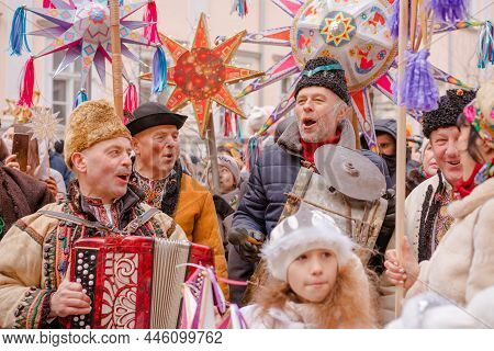 Lviv, Ukraine - January 8, 2022 : The Flash Of Christmas Star Festival, Traditional Christmas Stars 