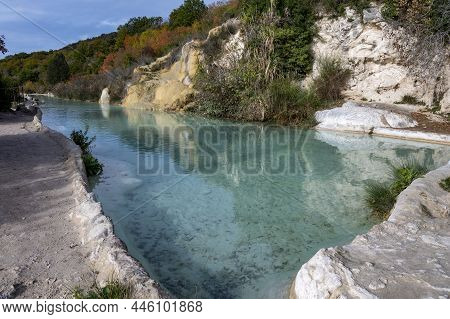 Ancient Hot Thermal Springs And Blue Pool In Nature Park Dei Mulini, Bagno Vignoni, Tuscany, Italy