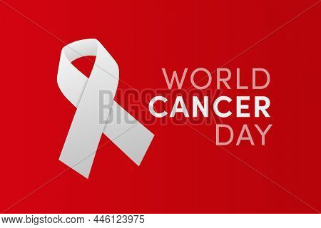 World Cancer Day, 4 February. Red Ribbon Awereness Symbol, Background Poster Or Banner