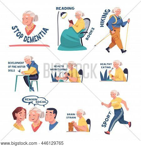Alzheimer Prevention With Elderly Woman Healthy Eating And Reading Vector Illustration Set