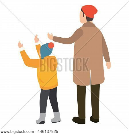 Happy Family, Father With Son, Winter Cold Weather Clothes, Cap, Warm Coat, Boots. Cartoon Flat Styl