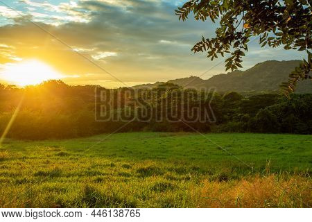 Evening View Of The Rainforest Near Colorado. Idyllic Sunset Landscape. Colorado, Costa Rica. Pura V