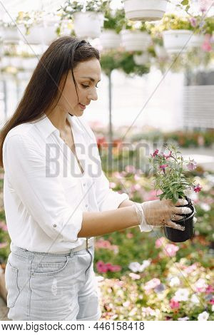A Woman Takes Care Of Flowers In A Pot In The Greengarden