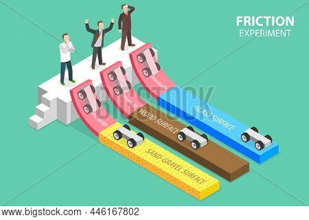 3d Isometric Flat Vector Conceptual Illustration Of Friction Experiment, The Distance Traveled By Th