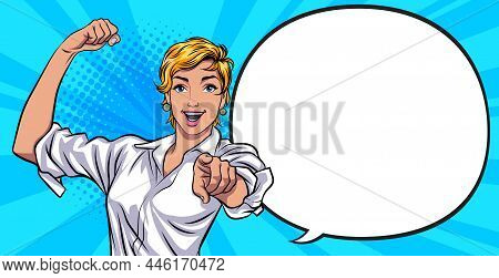 Strong Woman Point Finger At You Gesture Pop Art Comic Style
