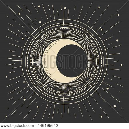 Mystical Boho Card With Shining Golden Crescent Moon On The Night Sky, Vintage Design. Vector Linear