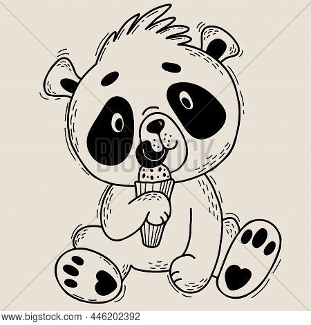 Cute Panda Sits And Licks An Ice Cream. Vector Illustration. Character Cute Animal In Linear Hand Dr