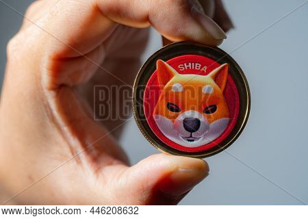 Hand Or Fingers Picking Shiba Coin Group Included With Crypto Currency Coin Dogecoin Doge, Bitcoin B