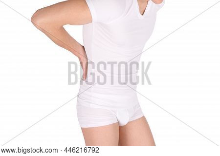 Backache. Back Pain Concept, Man Suffering From Backache, Red Inflamed Zone. Pain In The Mans Body W