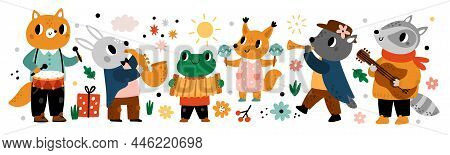 Animal Musicians. Funny Forest Orchestra. Instrumental Band. Happy Badger And Guitar Player. Frog Wi