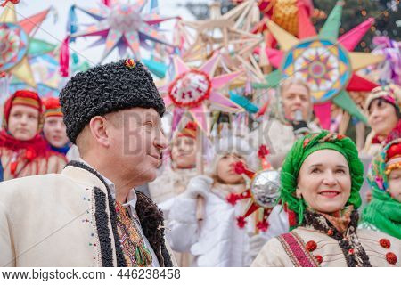 Lviv, Ukraine - January 8, 2022 : The Flash Of Christmas Star Festival, Traditional Christmas Stars 