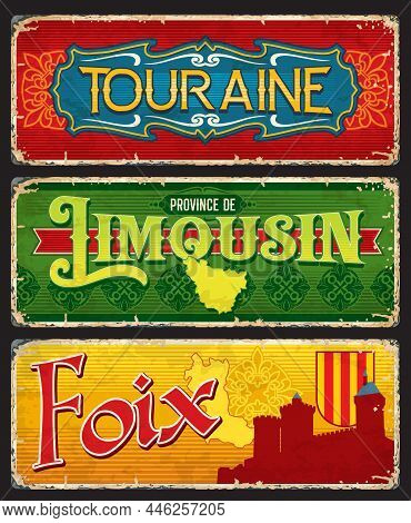 Touraine, Limousin And Foix Regions Of France, Vintage Cards And Vector Stickers. French Province Ti