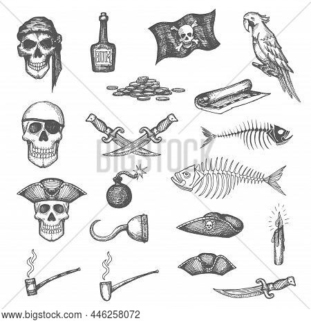 Pirate Map And Flag, Skulls, Daggers Weapon And Fish Bones, Rum Bottle, Parrot And Tobacco Pipe, Can