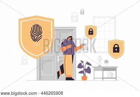 Woman Touching Fingerprint Scanner Girl Controlling Smart Home Devices With Biometric Scanning Secur