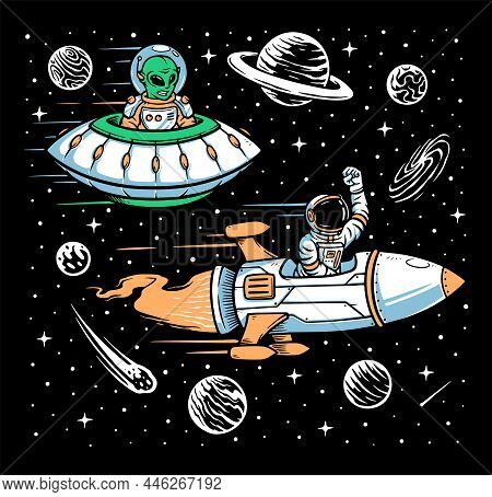 Astronaut And Alien Race Illustration Hand Drawn