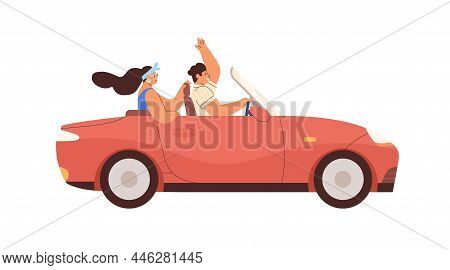 Couple In Convertible Car On Summer Road Trip. Happy Man And Woman Ride Cabriolet. People Driving Ca