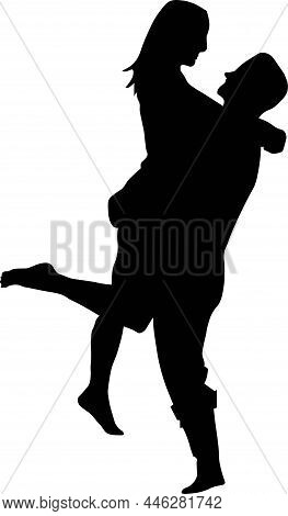 Silhouette Of Two Lovers. Isolated On White Background. Valentine's Day Material That Lovers Are Hug