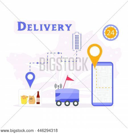 Vector Illustration Automated Car Delivers Food, Drinks. Online Order Home And Office Express Food D