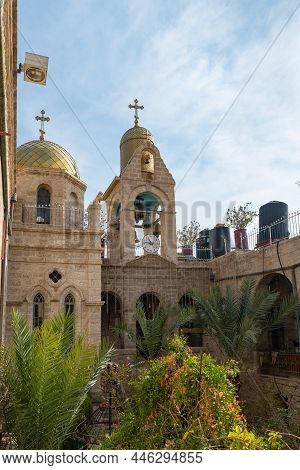 Jericho, Israel, December 30, 2021 : View From The Yard To The Bell Tower In The Monastery Deir Hijl