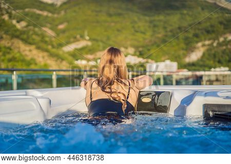 Portrait Of Young Carefree Happy Smiling Woman Relaxing At Hot Tub During Enjoying Happy Traveling M