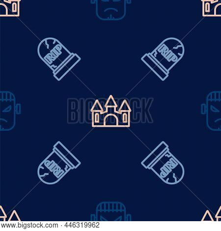 Set Line Frankenstein Face, Tombstone With Rip Written And Castle On Seamless Pattern. Vector