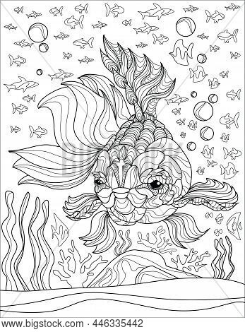 Gold Fish Swimming With Bubbles And Seagrass Backgrounds And Smaller Babies Around Line Drawing Colo