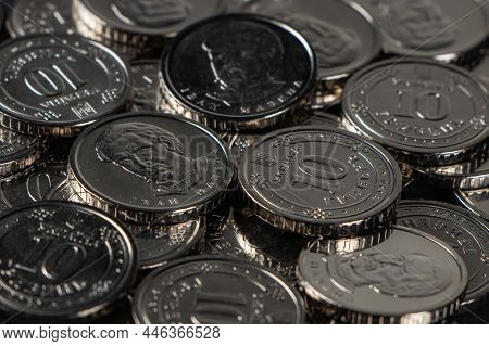 Ukrainian Hryvnias Coins. Background From Ukrainian Coins 10 Hryvnia. Money And Finances