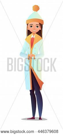 Little Girl In Winter Clothes. Sheepskin Coat And Warm Hat. Teen In Winter. Cheerful Person. Standin