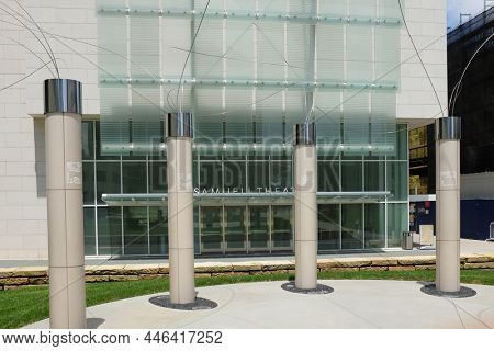 COSTA MESA, CALIFORNIA - 8 MAY 2021: Columns by Aiko Miyawaki, at the Samueli Theater, with rectangular relief images depicting one of twelve animals of the Chinese zodiac.
