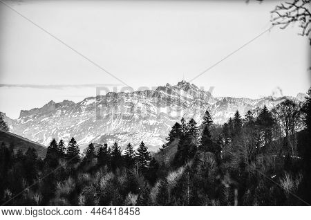 Black And White Image From Sunset In The Mountains. The Santis Mountain In The Appenzell Alps Switze
