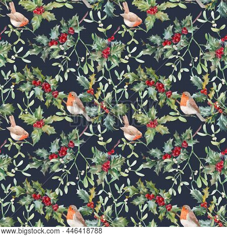 Beautiful Vector Floral Christmas Seamless Pattern With Hand Drawn Watercolor Holly Branches. Stock 