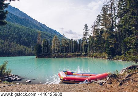 Picturesque View At Kucherla Blue Mountain River And Mountain Forest And Float Boat. Turqouise Water