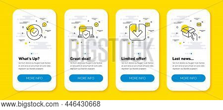 Vector Set Of Laptop Insurance, Security Confirmed And Load Document Line Icons Set. Ui Phone App Sc