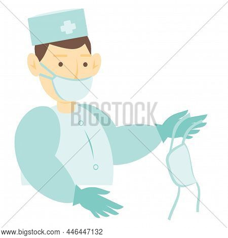 Illustration Of A Doctor In A Blue Coat With A Medical Mask On His Hands. The Doctor Is Wearing A Ma