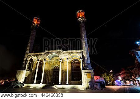 Konya, Turkey-october 13,2021:night Light View Of Ancient Aziziye Mosque. Unique Architecture Of Mix