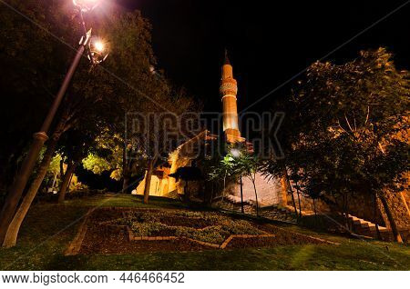 Wide-angle Night Light Landscape View Of Alauddin Qayqubad Mosque In Alaaddin Hill Park. Travel And 