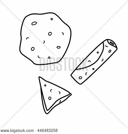 Vector Doodle Set Illustration Of Thin Pancakes. A Whole Pancake, A Pancake Rolled Into A Roll With 