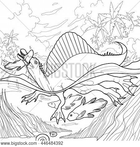 Spinosaurus Hunts On A Fish In A Waters Of A Sea, Ocean Or A River.