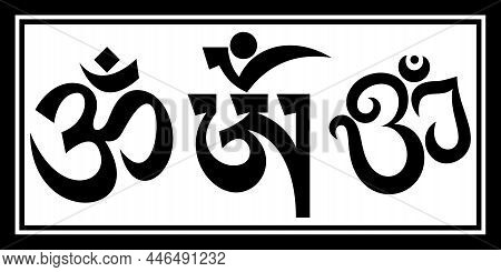 A Set Of Three Sacred Om Symbols Of Various Spellings. Vector Monochrome Illustration. Elements For 