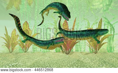 Eogyrinus Carboniferous Tetrapod 3d Illustration - Three Eogyrinus Amphibians Search Together For Fi