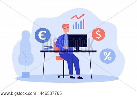 Trader Working With Increase In Value Of Dollar Against Euro. Man Trading In Office Workplace Flat V