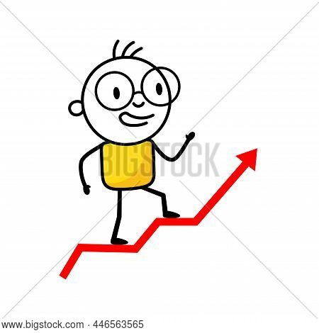 Businessman Goes To Success Isolated On White Background. Hand Drawn Doodle Line Art Man. Concept Of