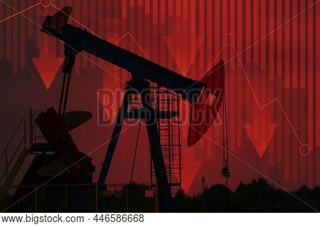 Falling Oil Prices. The Arrow On The Chart Goes Down. Crisis Crude Oil Market. Reducing The Cost Of 