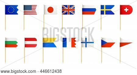 Realistic Wood Toothpick With Little Country Flags For Food Decoration. Usa, France, Japan, Sweden A