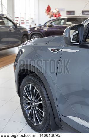 Russia, Izhevsk - August 19, 2021: New Modern Cars In Chery Showroom. Car Manufacturer From China. M