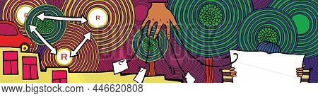 Advertising Gimmicks And Customer Hunting. A Psychedelic City With Houses, Trees And A Car. Illustra