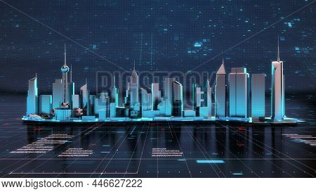 Panorama View Of Metaverse, Futuristic City Neon Light With Power Energy Tron Light Background. Digi