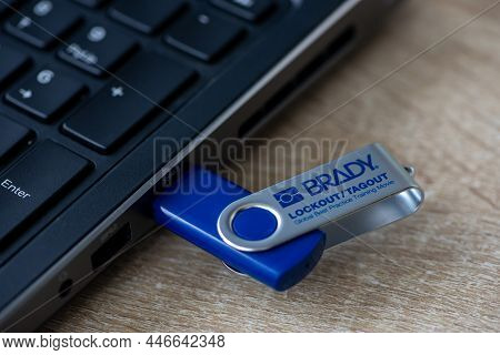 Timisoara, Romania - October 16, 2021: Close-up Of A Brady Flash Drive Connected On A Laptop
