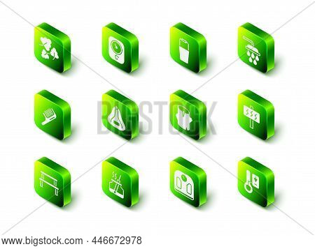 Set Sauna Thermometer, Bucket, Shower, Wooden Log, Bathroom Scales And Aroma Diffuser Icon. Vector